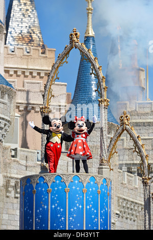 Mickey and Minnie Mouse, Dream Along Show in Front of Cinderella Castle at the Magic Kingdom, Disney World, Florida Stock Photo