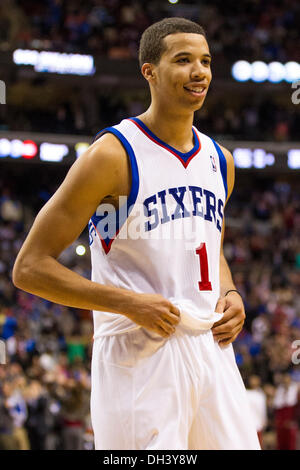 October 30, 2013: Philadelphia 76ers point guard Michael Carter-Williams (1) reacts to the win following the NBA game between the Miami Heat and the Philadelphia 76ers at the Wells Fargo Center in Philadelphia, Pennsylvania. The 76ers win 114-110. Christopher Szagola/Cal Sport Media Stock Photo