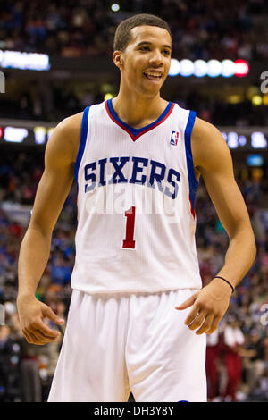 October 30, 2013: Philadelphia 76ers point guard Michael Carter-Williams (1) reacts to the win following the NBA game between the Miami Heat and the Philadelphia 76ers at the Wells Fargo Center in Philadelphia, Pennsylvania. The 76ers win 114-110. Christopher Szagola/Cal Sport Media Stock Photo