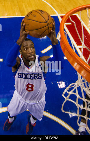 October 30, 2013: Philadelphia 76ers point guard Tony Wroten (8) goes up for the shot during the NBA game between the Miami Heat and the Philadelphia 76ers at the Wells Fargo Center in Philadelphia, Pennsylvania. The 76ers win 114-110. Christopher Szagola/Cal Sport Media Stock Photo