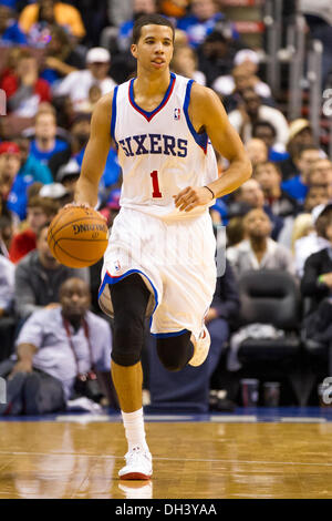 October 30, 2013: Philadelphia 76ers point guard Michael Carter-Williams (1) brings the ball up the court during the NBA game between the Miami Heat and the Philadelphia 76ers at the Wells Fargo Center in Philadelphia, Pennsylvania. The 76ers win 114-110. Christopher Szagola/Cal Sport Media Stock Photo