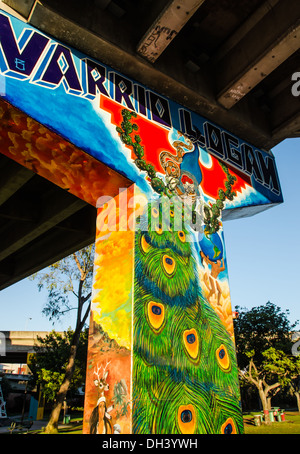 An image of a colorful mural located at Chicano Park in the Barrio Logan community of San Diego, California, United States. Stock Photo