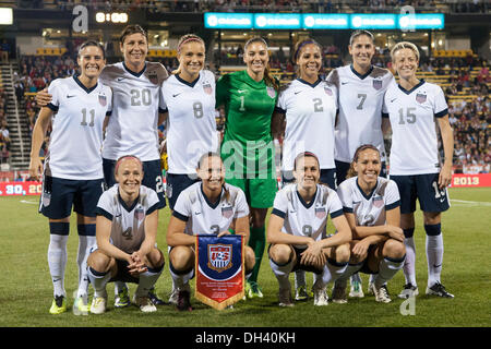 Columbus, OH, USA. 30th Oct, 2013. October 30, 2013: The USA Women's National Team features US Women's National Team goalkeeper Hope Solo (1), US Women's National Team forward Abby Wambach (20), US Women's National Team midfielder Heather O'Reilly (9), US Women's National Team forward Sydney Leroux (2) and US Women's National Team midfielder Megan Rapinoe (15) during the U.S. Women vs. New Zealand- International Friendly at Columbus Crew Stadium - Columbus, Ohio. The USA Women's National Team played to a 1-1 draw against The New Zealand Women's National Team. Credit:  csm/Alamy Live News Stock Photo