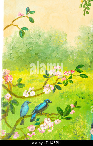Painting of two birds sitting on tree branch Stock Photo