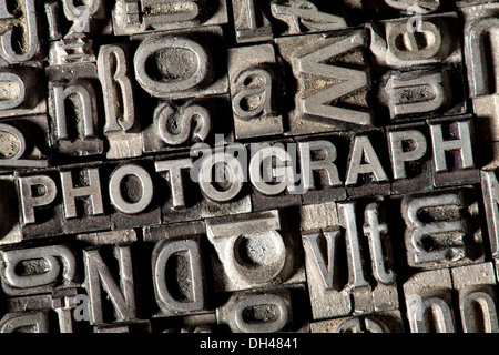 Old lead letters forming the word 'PHOTOGRAPH' Stock Photo