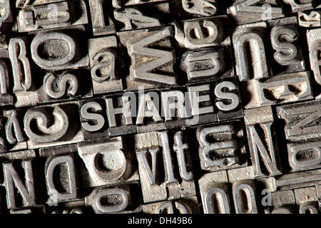 Old lead letters forming the word SHARES Stock Photo