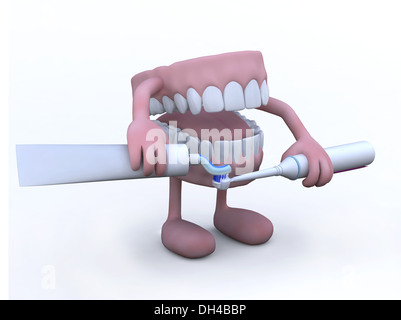 open denture with arms, legs and toothpaste tube and electric toothbrush, 3d illustration Stock Photo