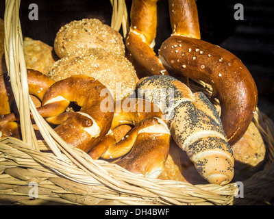 Picture of a basket with bread and bretzel in Bavaria Stock Photo