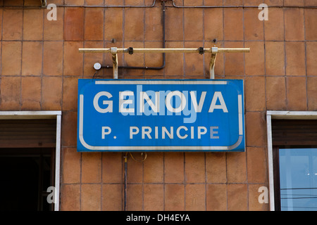 A train station platform sign for Genova Piazza Principe railway station, Genova, Italy.