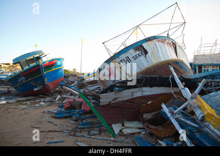 African fishing vessels seized by the Italian Coastguards, captured from African refugees trying to land in Lampedusa, Italy Stock Photo