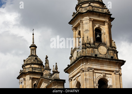 Detail on the towers of Bogota Cathedral in Bolivar Square in Bogota, capital of Colombia.