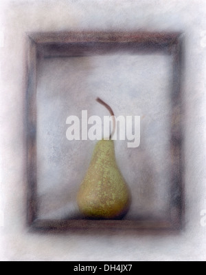 Pear Pyrus communis. Digitally manipulated image of pear within wooden frame against muted softened background to create effect Stock Photo