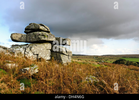 Carbilly Tor on Bodmin Moor in Cornwall with the A30 in the far distance Stock Photo