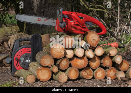 Electric Chain Saw on top of a pile of just cut Common Ash (Fraxinus excelsior). Stock Photo