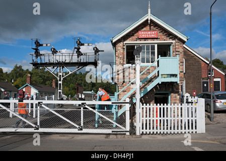 Signal box and level crossing Grosmont Railway Train Station NYMR North Yorkshire England UK United Kingdom GB Great Britain Stock Photo