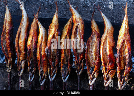 Traditional bavarian 'Steckerlfisch' on the Oktoberfest, Munich, Germany Stock Photo