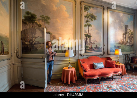 Holland, Museum Van Loon. Canal House of Amsterdam regent family Van Loon. Drakensteyn Room. Wall covering paintings on canvas Stock Photo