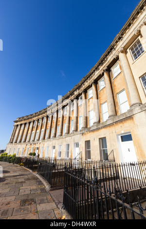 Distorted, wide angle view of the Royal Crescent in Bath, Somerset with a clear blue sky.