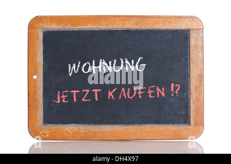 Old school blackboard with the words WOHNUNG JETZT KAUFEN!?, German for Buy an apartment now!? Stock Photo