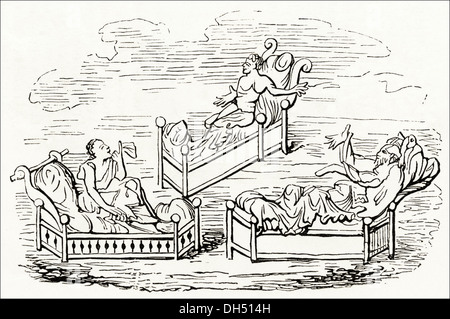 Anglo Saxon Britain. Daily life beds in Anglo-Saxon Britain. Victorian woodcut circa 1845. Stock Photo