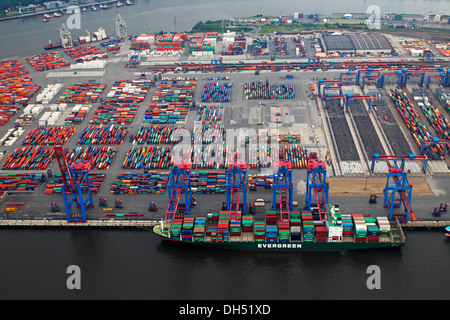 Aerial view, container ship at the Burchardkai container-terminal, Port of Hamburg on the Elbe river, Hamburg Stock Photo