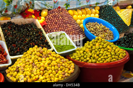 Pickled olives and lemons at moroccan market Stock Photo