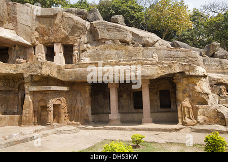 Ranigumpha, Cave  No 1, Right Facade View, Udaygiri and Khandagiri Caves, Orissa, India. Stock Photo