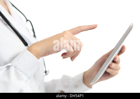 Female doctor hand touching a digital tablet isolated on a white background Stock Photo
