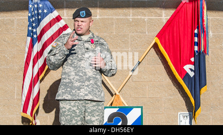 Command Sgt. Maj. Jefferson Moser, a native of Dearborn, Mich., and the outgoing senior enlisted leader for the 2nd Armored Brigade Combat Team, 3rd Infantry Division, speaks to those in attendance for his permanent change of station award ceremony after Stock Photo