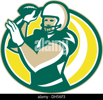 Illustration of an american football gridiron QB quarterback player passing throwing ball facing front set inside oval shape done in retro style. Stock Photo