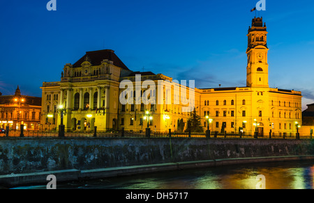 Twilight image with Oradea city-hall and the Clock Tower, built with neo-classic frontispiece. Romania, Transylvania Stock Photo