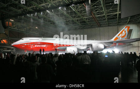 Oct. 31, 2013 - Boeing has cut its production target twice in six months as sales sag. Just 18 will be produced in each of the next two years. Boeing 747's could be nearing the end of the line: PICTURED: Feb. 13, 2011 - Everett, Washington, U.S.- Boeing unveiled the company's new 747-8 Intercontinental jumbo jet before a crowd of thousands at its manufacturing plant. The new 747-8 Intercontinental can carry 467 passengers, 51 more passengers than the older 747-400. The 747-8 also makes advancements in fuel efficiency and noise reduction. For the new 747-8 Intercontinental Boeing painted t Stock Photo