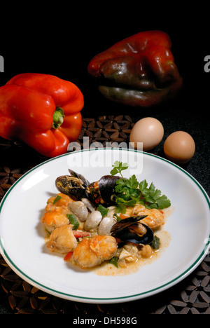 Angler or Sea-Devil stew with seafood Stock Photo