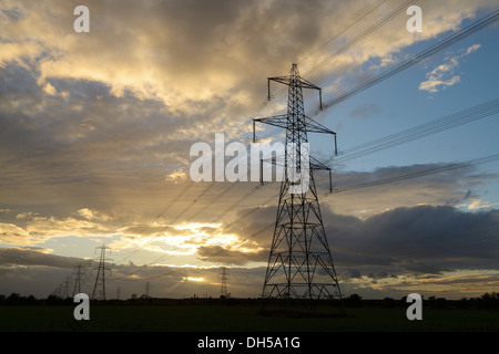 Evening sun setting behind electricity pylons UK Stock Photo
