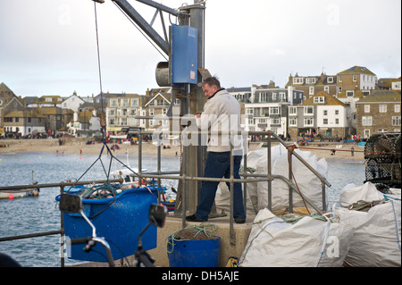 Fisherman uses a winch crane to land a catch of fish on harbour keyside at St Ives Cornwall UK Stock Photo
