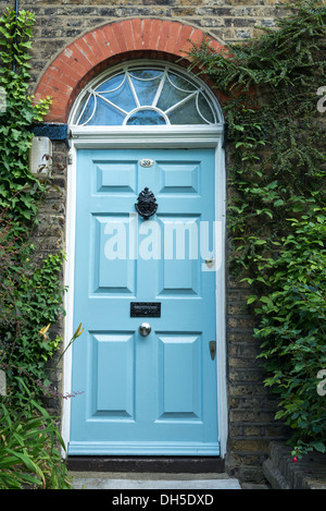 Blue door to house in Flask Walk, Hampstead, London, England, UK Stock Photo