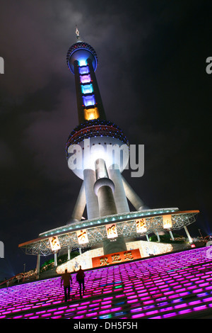 Illuminated Oriental Pearl Tower at night, Pudong, Shanghai, China, Asia Stock Photo