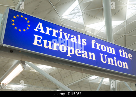 Arrivals from the European Union sign at the exit to Stansted Airport, England, UK Stock Photo