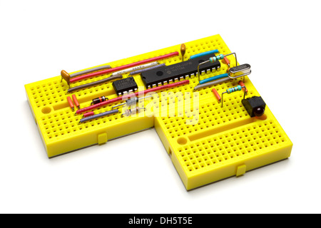 Prototype electronic circuit on modular mini breadboards Stock Photo