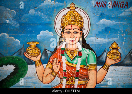 Mother Goddess Ganga painted on the wall of a house on the banks of the Ganges River, Varanasi, Uttar Pradesh, India Stock Photo