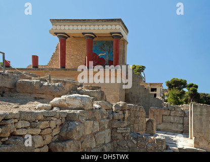 Restored North Propylaeum or North Entrance with the fresco of the charging bull, at t Knossos Palace, Heraklion, Crete, Greece. Stock Photo