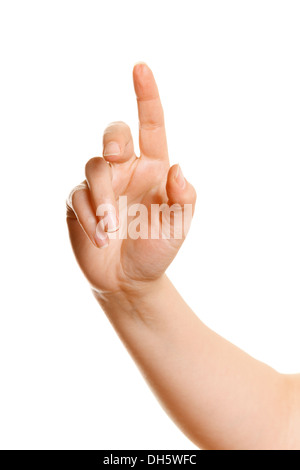 Female hand pushing a button on a white background Stock Photo