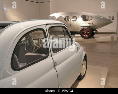 Fiat 500 in front of an Alfa 40, 60 HP Ricotti, Mitomacchina exhibition, Museum of Modern Art, MART, Rovereto, Italy, Europe Stock Photo