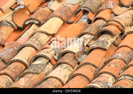 Closeup of old and damaged roof tiles in Dubrovnik Stock Photo