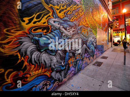 Red and green dragon, dragon fight, graffiti, mural, Chinatown at night, San Francisco, California, USA, PublicGround Stock Photo