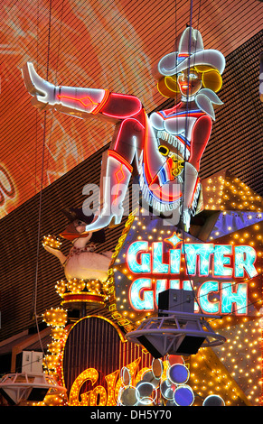 Vicky, famous cowgirl figure on a neon sign in old Las Vegas, Glitter Gulch Casino Hotel, Fremont Street Experience Stock Photo