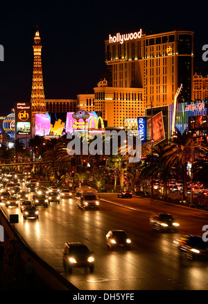 Night scene, The Strip, Paris Luxury Hotel, Planet Hollywood, Las Vegas, Nevada, United States of America, USA Stock Photo