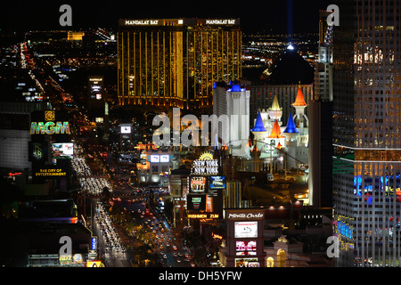 Night scene, The Strip, The Cosmopolitan luxury hotel, New York New York, Mandalay Bay, Excalibur, Las Vegas, Nevada Stock Photo