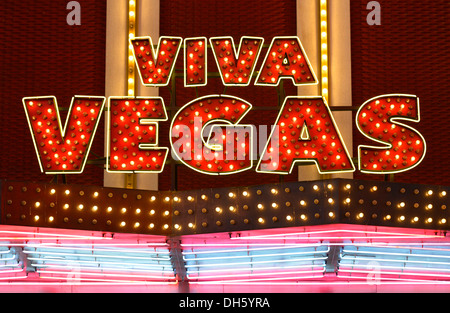 Neon logo of the Viva Las Vegas Gambling Hotel and Casino, Fremont Street Experience in old Las Vegas, Downtown Las Vegas Stock Photo
