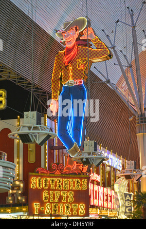 Vegas Vic, the famous cowboy figure and landmark, neon sign in old Las Vegas, Pioneer Casino Hotel, Fremont Street Experience Stock Photo